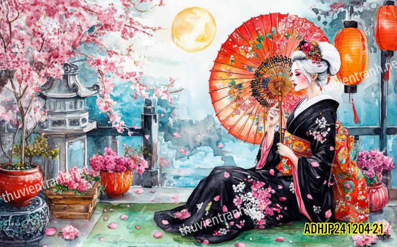 Tranh dán tường hoa cô gái Geisha Nhật Bản-ADHJP241204-21 - Tranh tường chất lượng cao